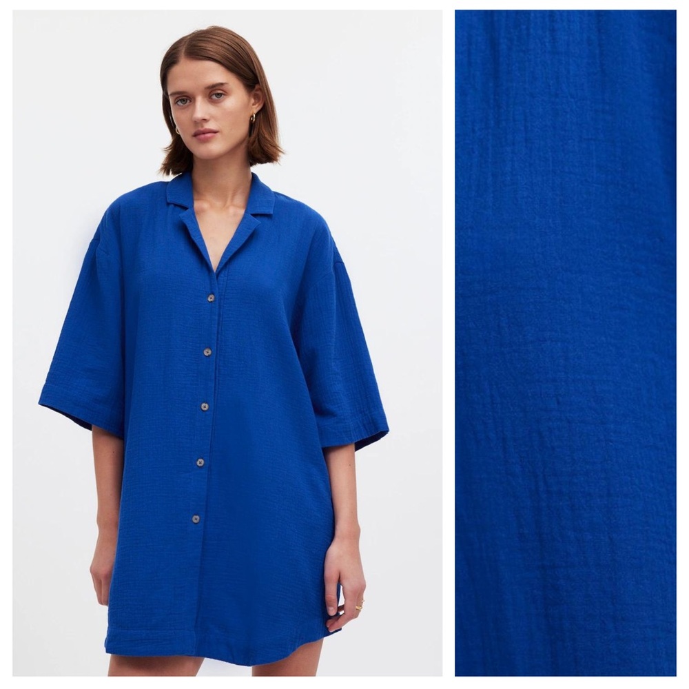 Madewell Blue Crinkle Cotton Cover-Up Mini Shirtdress